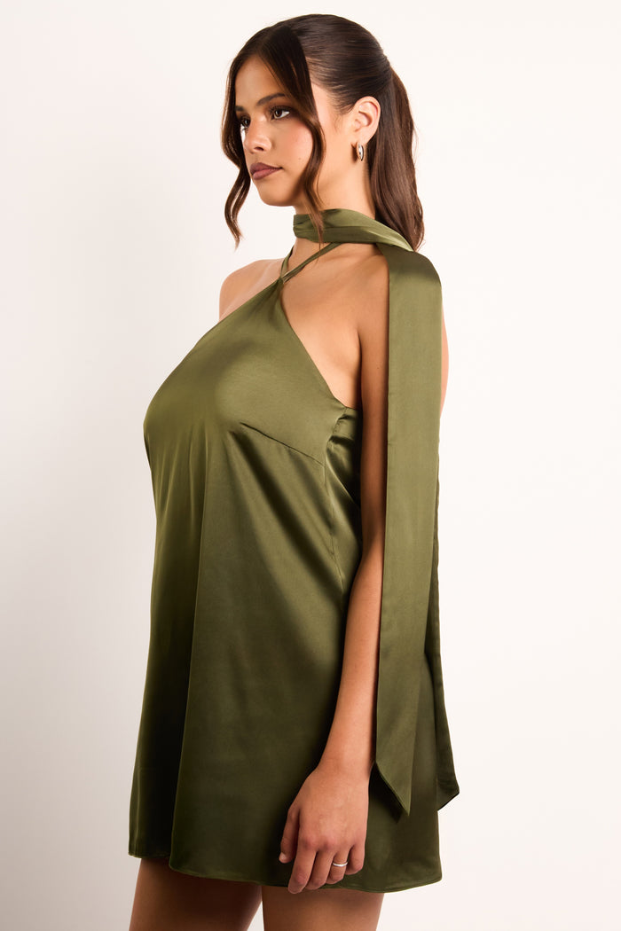 Jaded Rose Kiska Olive Satin Tie Neck Mini Dress
