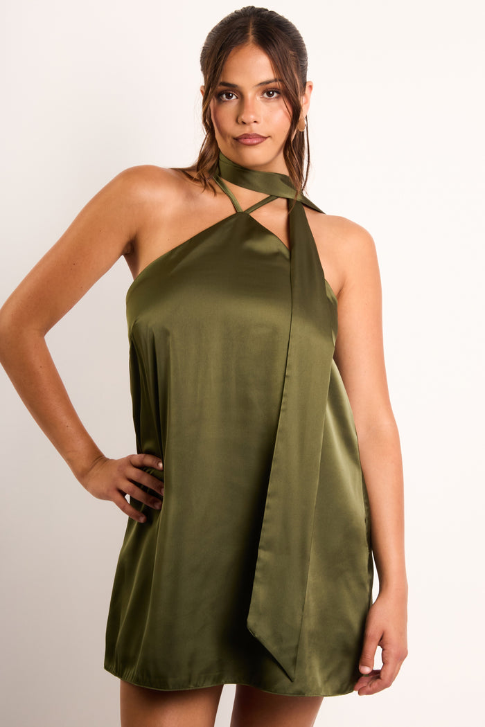 Jaded Rose Kiska Olive Satin Tie Neck Mini Dress
