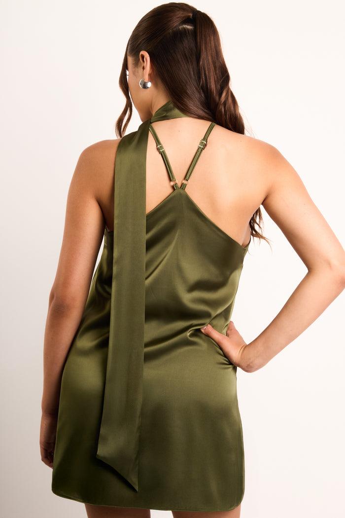 jaded rose Kiska Olive Satin Tie Neck Mini Dress