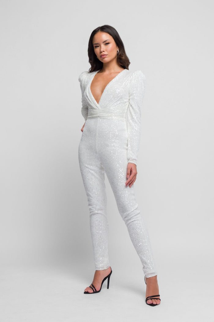 Jaded Rose Malaya Sequin Jumpsuit In Ivory White