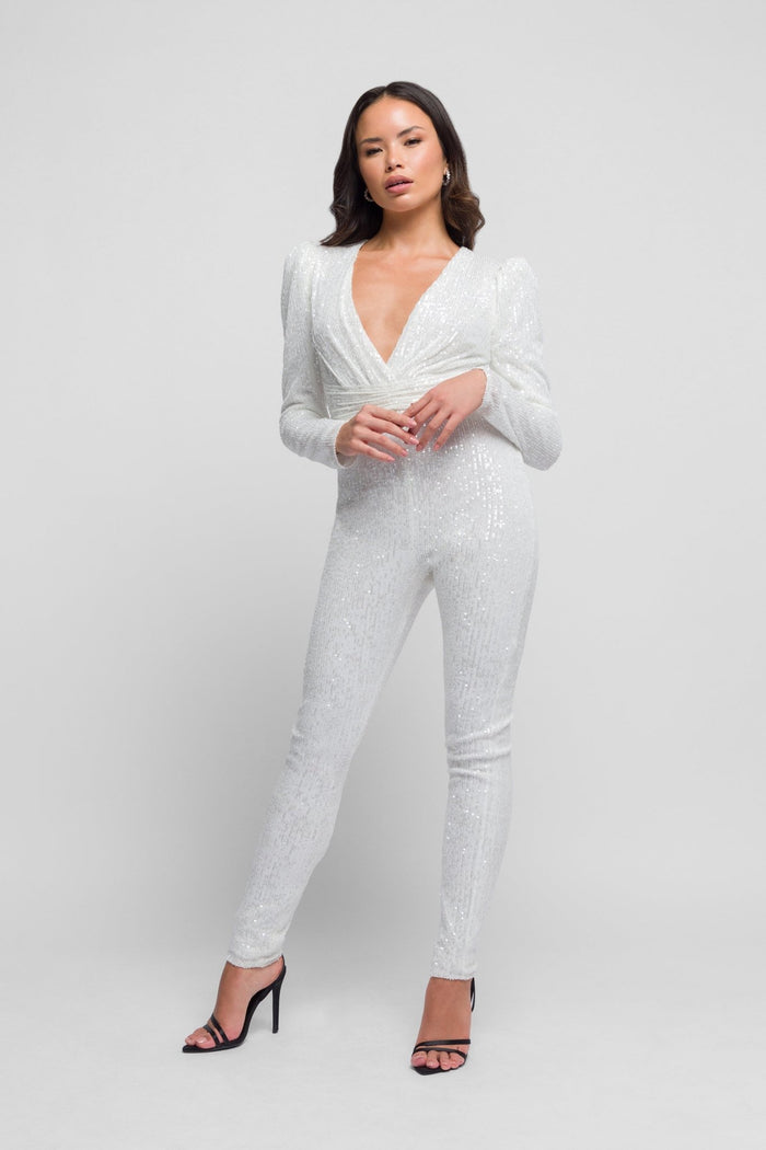 jaded rose Malaya Sequin Jumpsuit in Ivory White