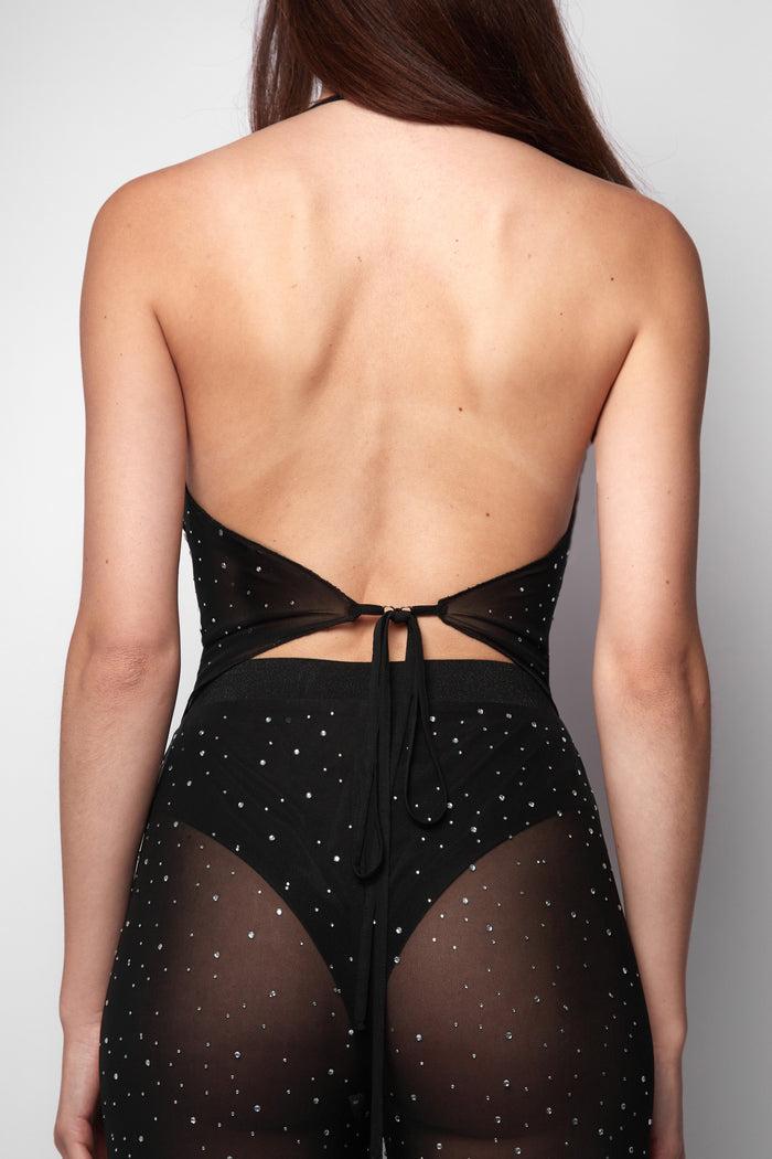 jaded rose Nina Black Mesh Hotfix Cowl Crop Top