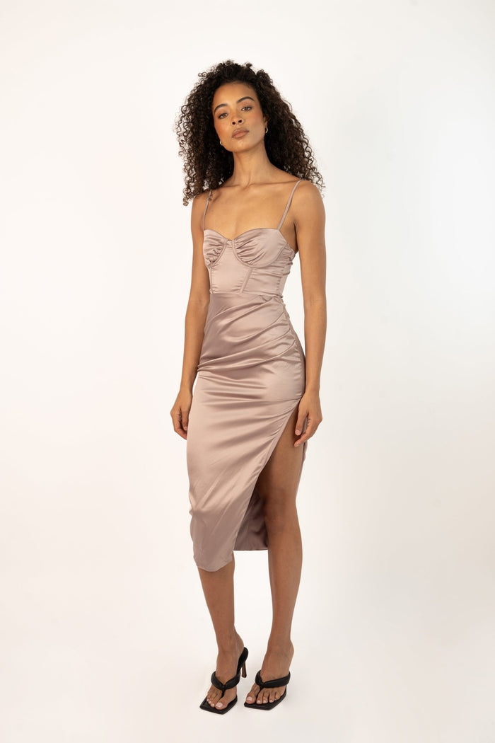 jaded rose Penna Satin Midaxi Dress in Mocha