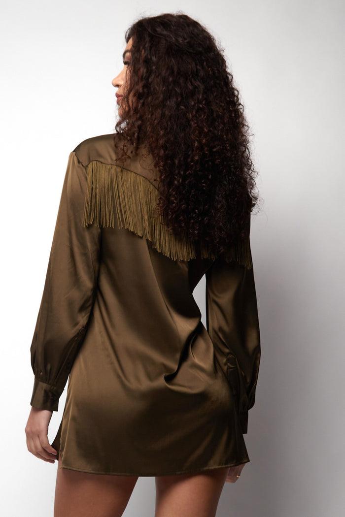 Jaded Rose Simma Khaki Fringe Cowgirl Shirt Dress