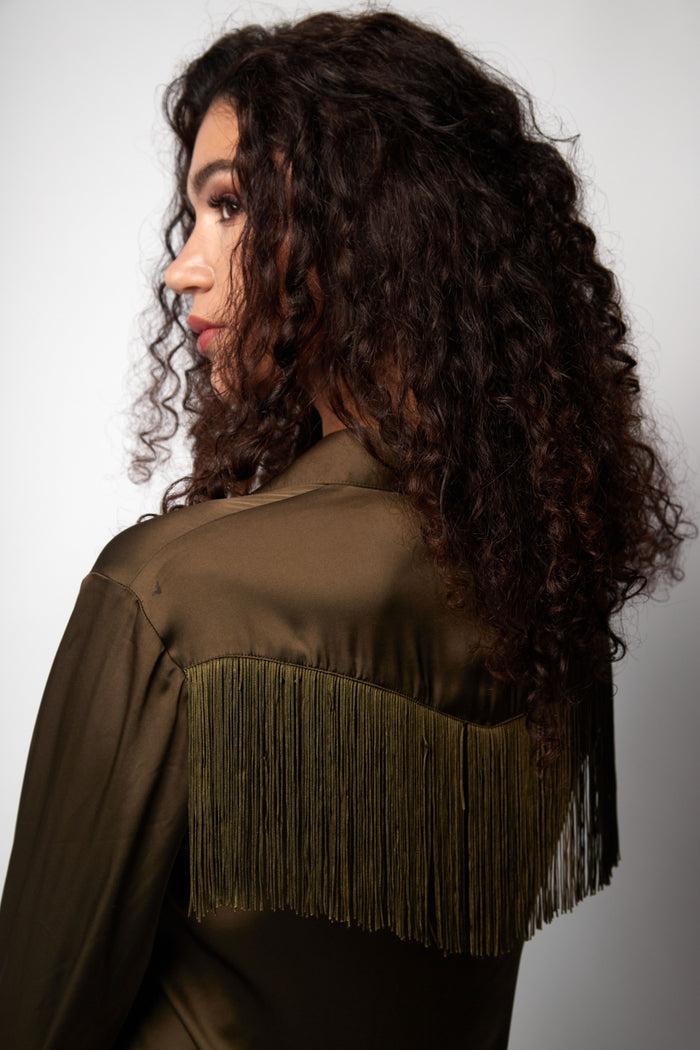 Jaded Rose Simma Khaki Fringe Cowgirl Shirt Dress