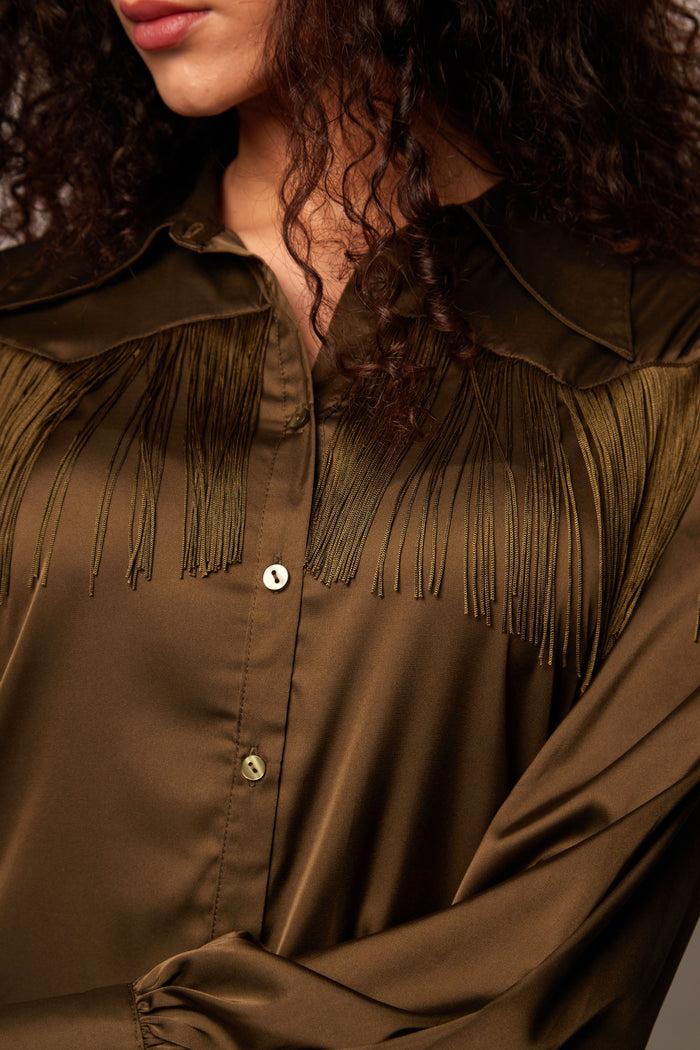 Jaded Rose Simma Khaki Fringe Cowgirl Shirt Dress