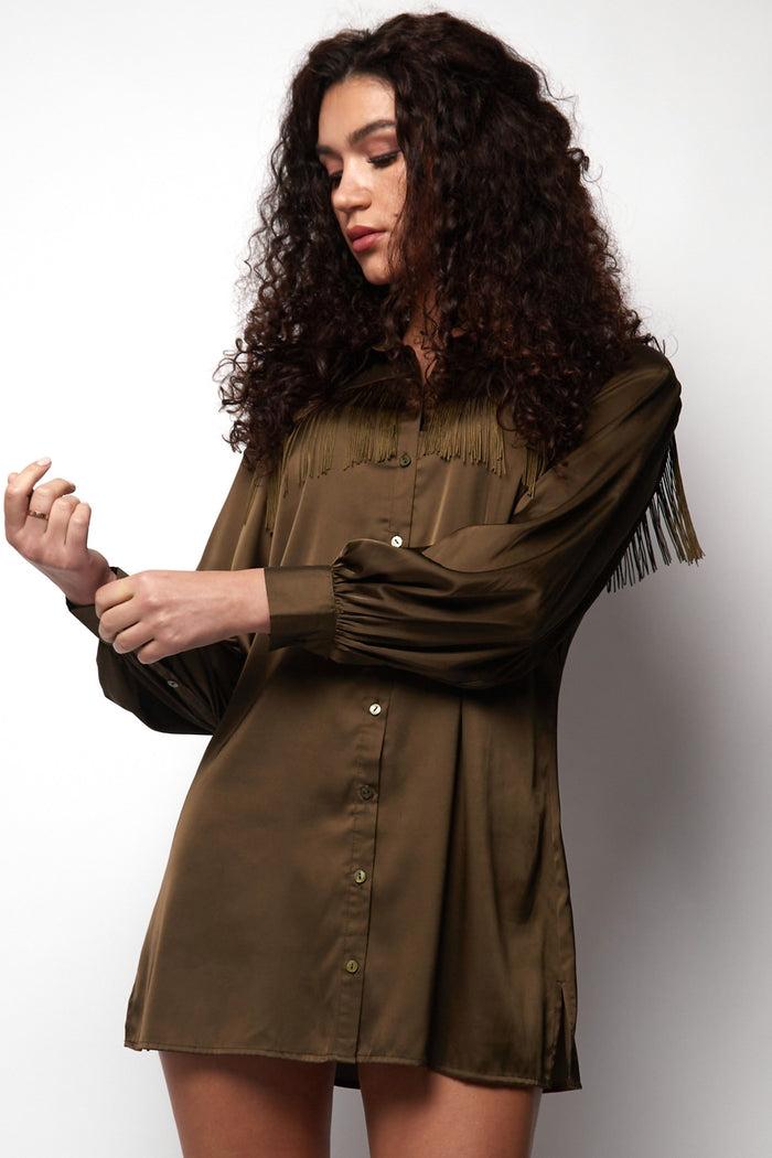 jaded rose Simma Khaki Fringe Cowgirl Shirt Dress