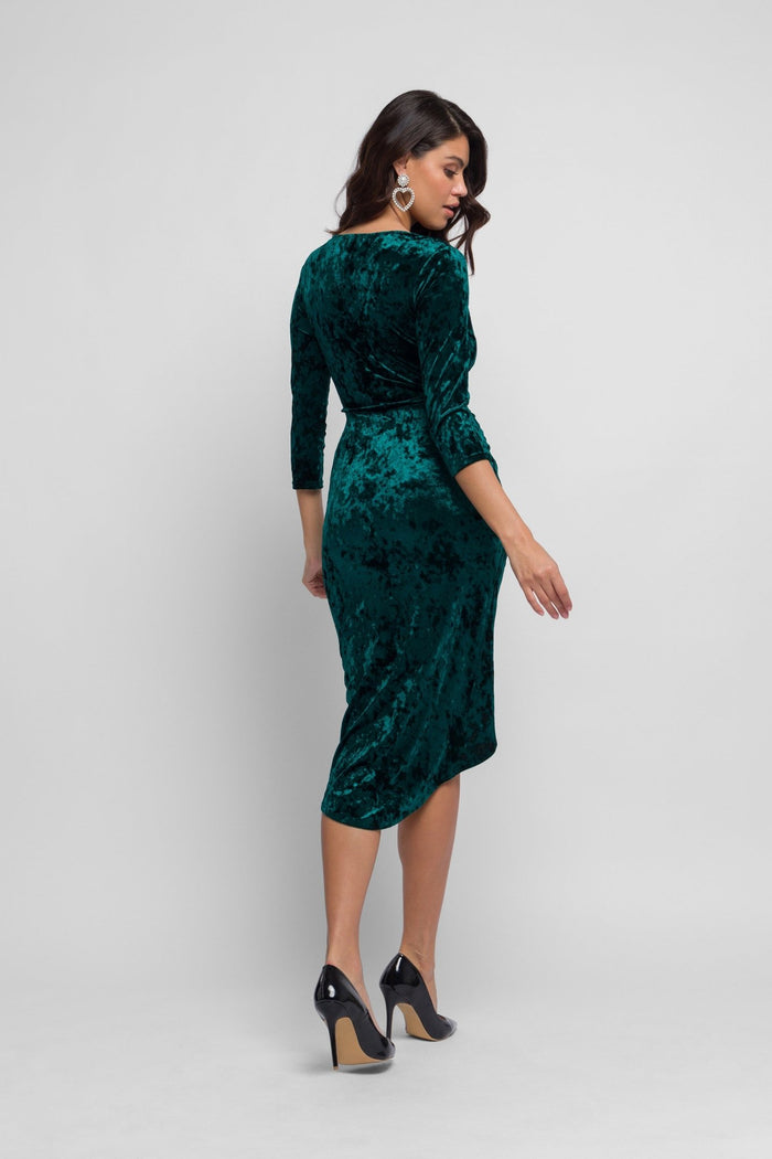 Jaded Rose Jayda Midi Velvet Dress In Emerald Green With Wrap Feature