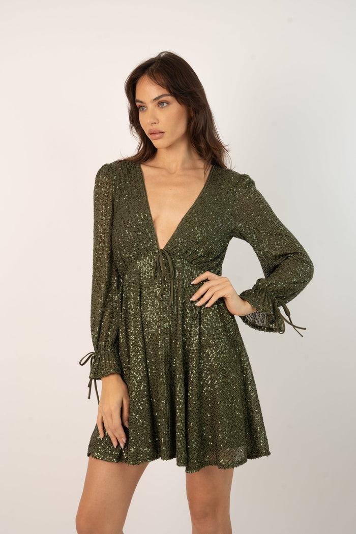 Jaded Rose Kima Sequin Babydoll Mini Dress In Olive Green