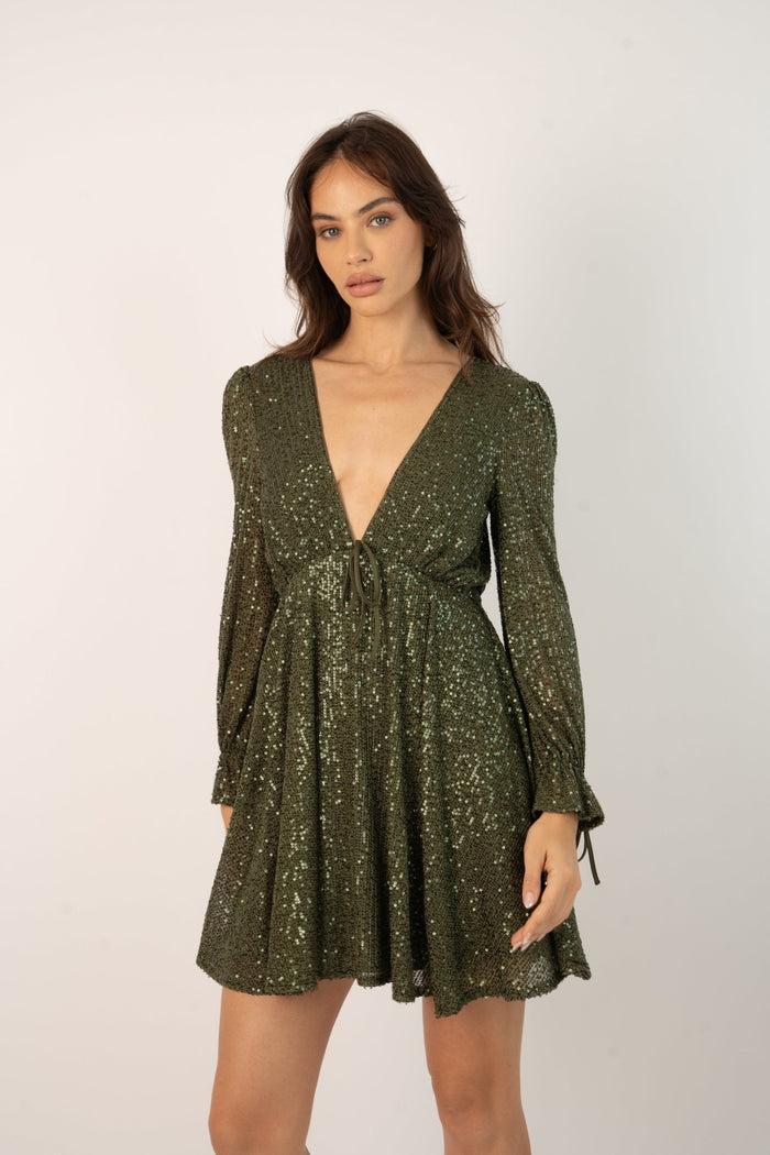 jaded rose Kima Sequin Babydoll Mini Dress in Olive Green