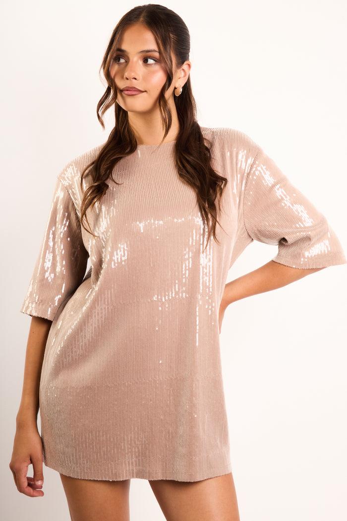 jaded rose Kimber Nude Liquid Sequin Mini Tunic Dress