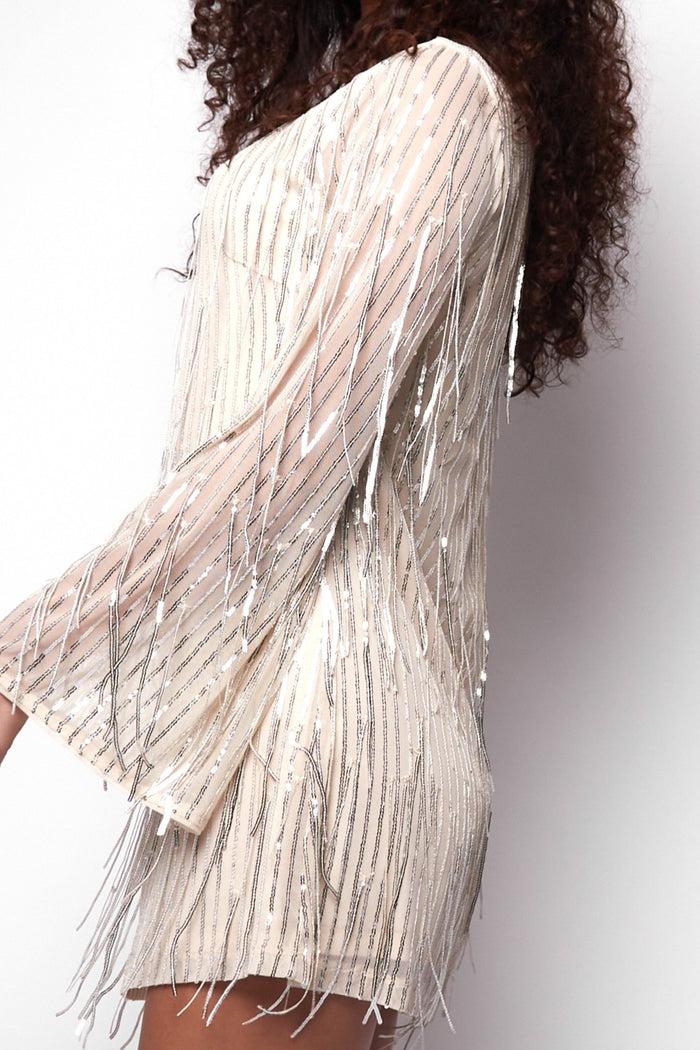 jaded rose Kimber Tunic Shift Dress in Silver Tassel Sequin