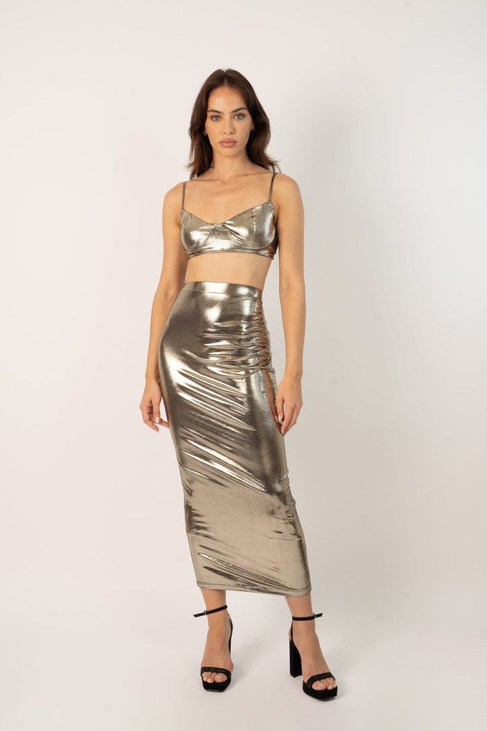 Jaded Rose Kimo Bodycon Maxi Skirt In Metallic Gold