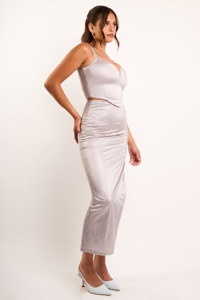 jaded rose Korin Silver Sparkly Hotfix Studded Maxi Skirt