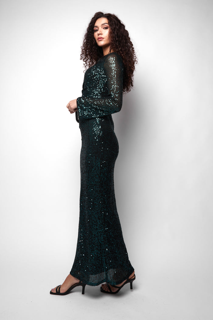 Jaded Rose Lenny Emerald Sequin Long Sleeve Maxi Dress
