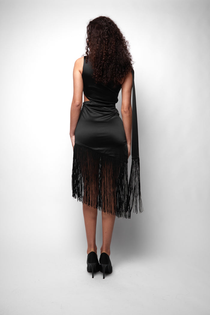 Jaded Rose Lilly Black Fringe One Shoulder Midi Dress With Mini Drape Scarf