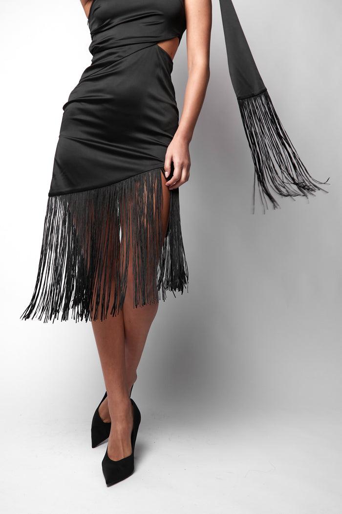 jaded rose Lilly Black Fringe One Shoulder Midi Dress with Mini Drape Scarf