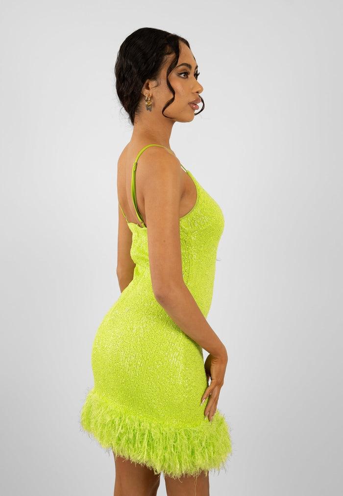 Jaded Rose Lima Sequin Dress In Lime With Faux Fur Trim Party The Night Away