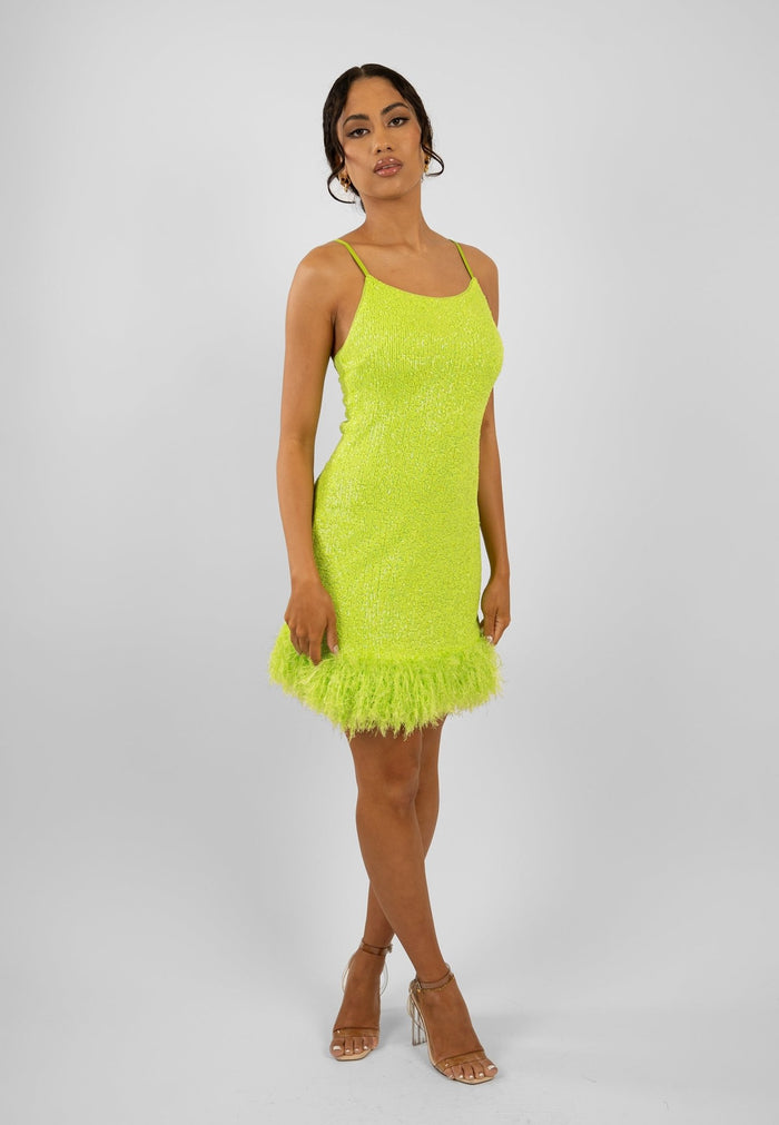 Jaded Rose Lima Sequin Dress In Lime With Faux Fur Trim Party The Night Away