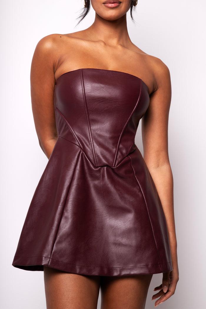 jaded rose Lorna Burgundy Faux Leather Mini Corset Dress