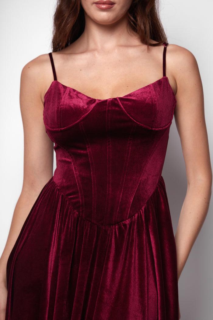 Jaded Rose Mia Corset Dress In Velvet Oxblood Full Skirt