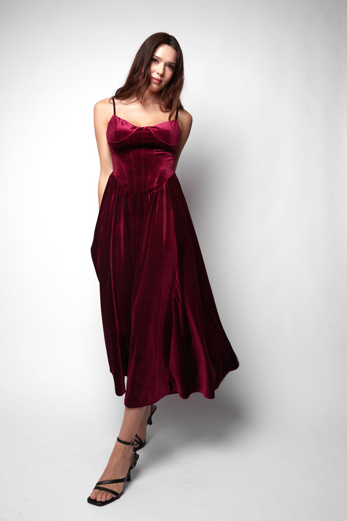 Jaded Rose Mia Corset Dress In Velvet Oxblood Full Skirt