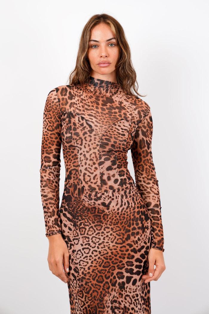 Jaded Rose Mia Leopard Mesh Maxi Dress High Neck Long Sleeve