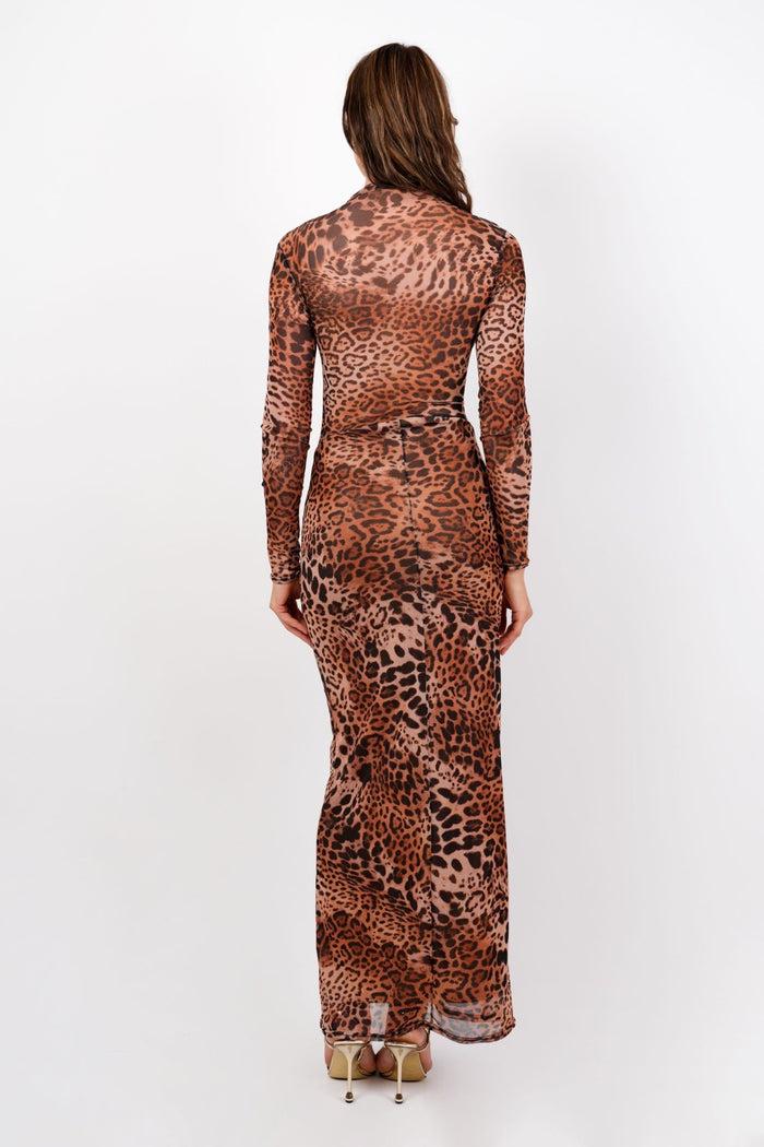 Jaded Rose Mia Leopard Mesh Maxi Dress High Neck Long Sleeve