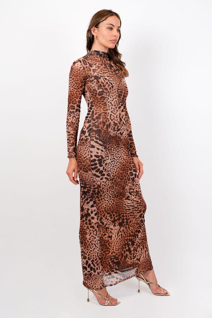 jaded rose Mia Leopard Mesh Maxi Dress High Neck Long Sleeve