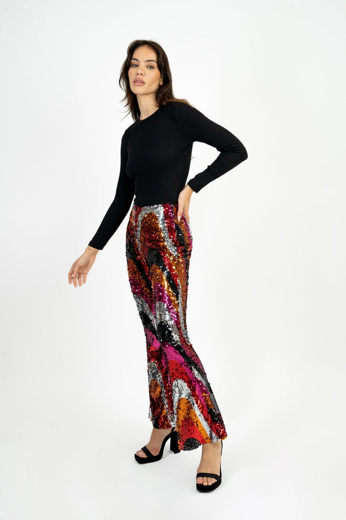 Jaded Rose Nas Sequin Pants Multi Colour Sequin Swirl Flared Trousers