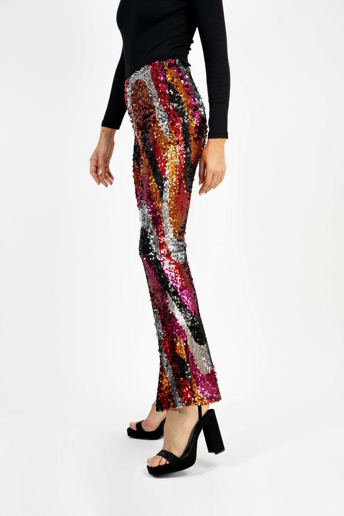 Jaded Rose Nas Sequin Pants Multi Colour Sequin Swirl Flared Trousers