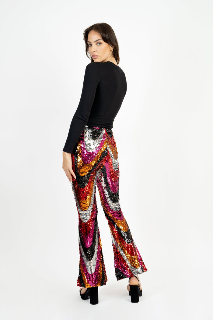 Jaded Rose Nas Sequin Pants Multi Colour Sequin Swirl Flared Trousers