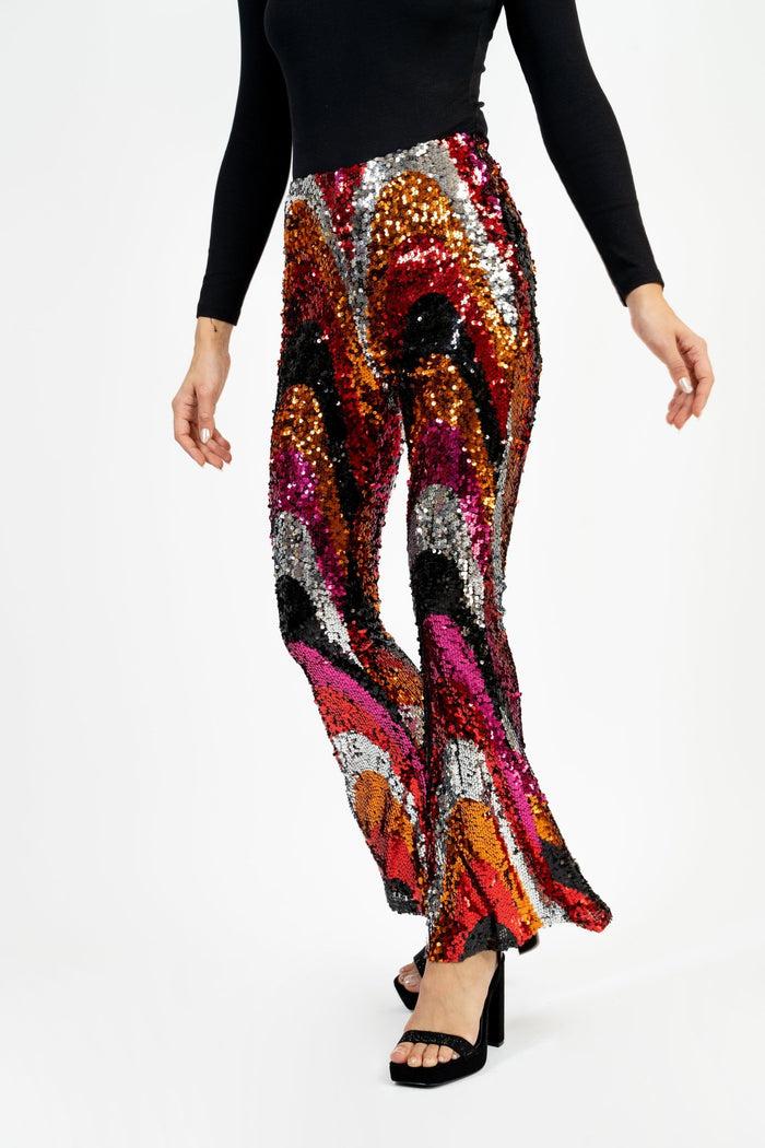 jaded rose Nas Sequin Pants Multi Colour Sequin Swirl Flared Trousers
