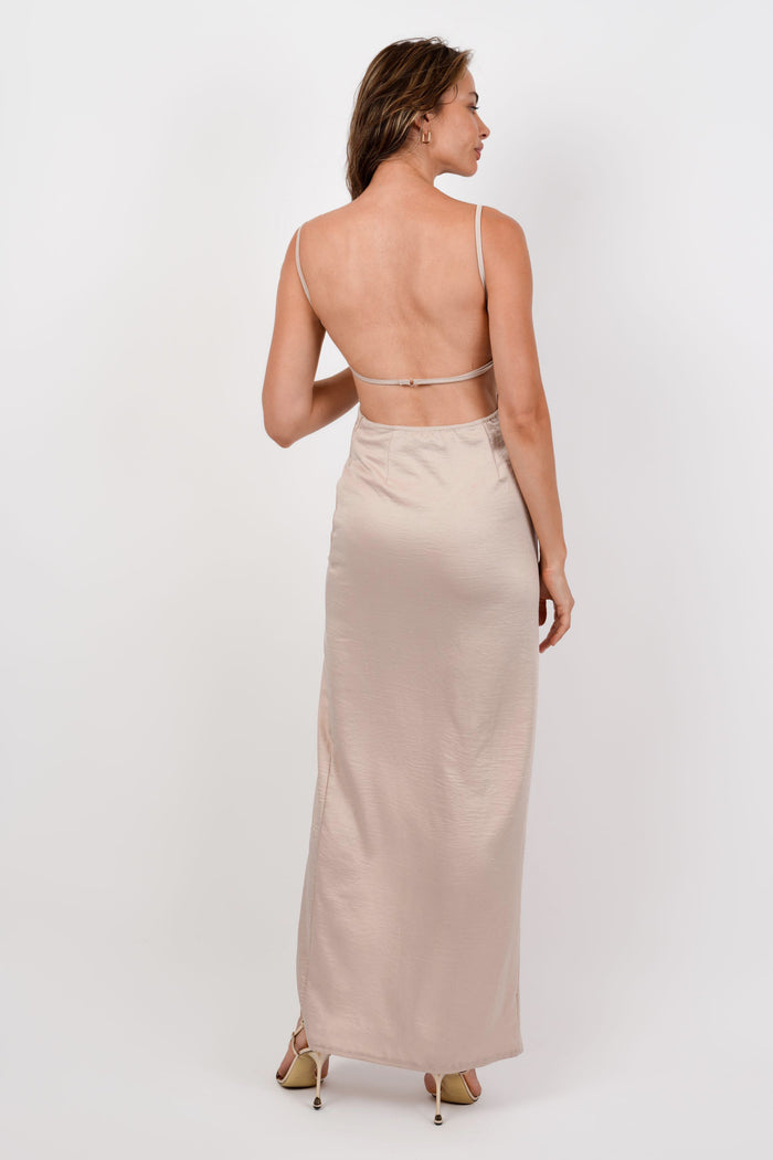 Jaded Rose Nell Open Back Slinky Maxi Dress In Sand