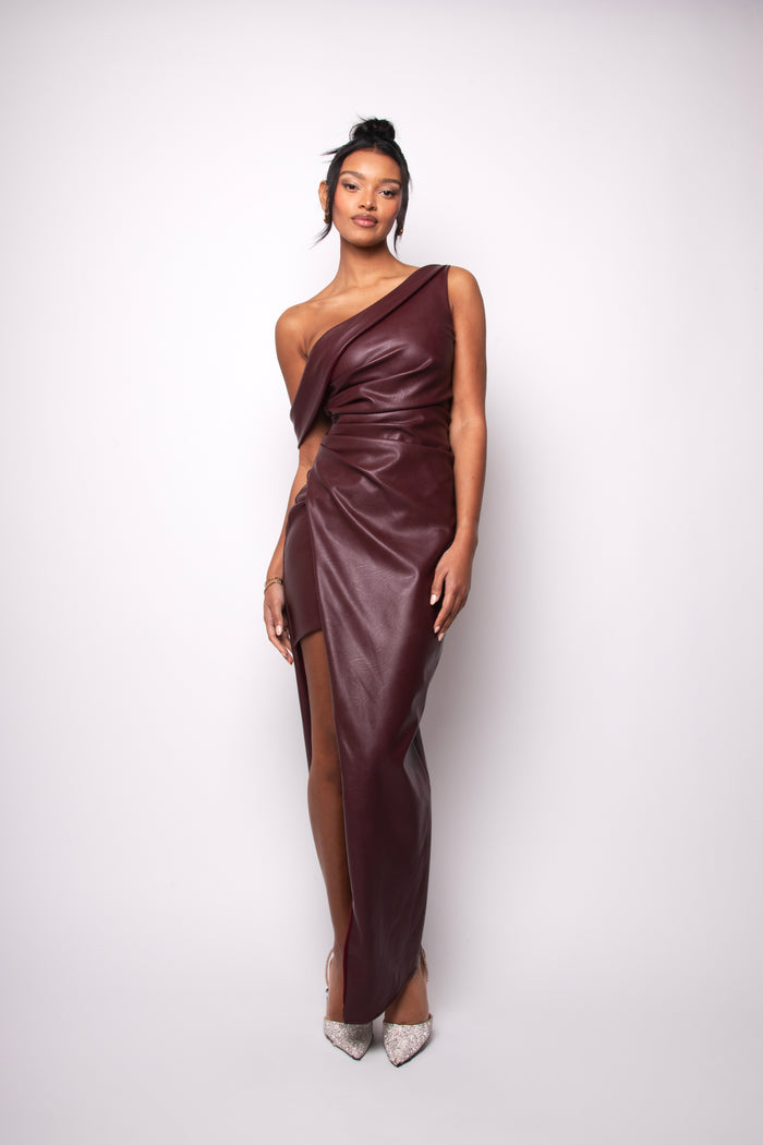 Jaded Rose Nessa Burgundy Faux Leather One Shoulder Draped Maxi Dress
