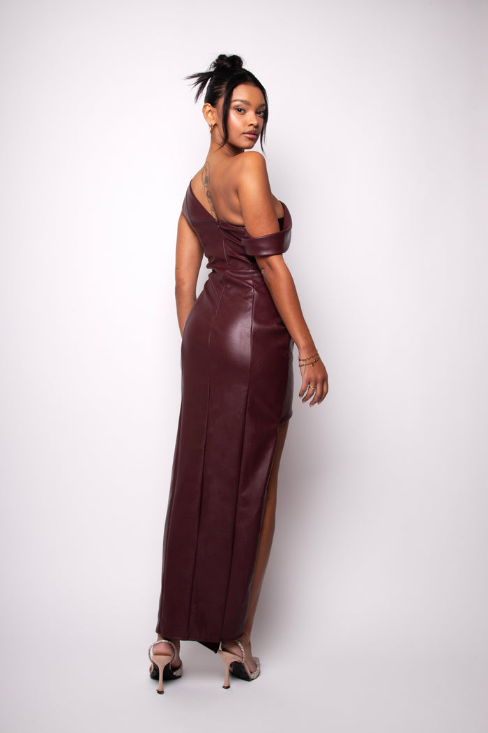 Jaded Rose Nessa Burgundy Faux Leather One Shoulder Draped Maxi Dress
