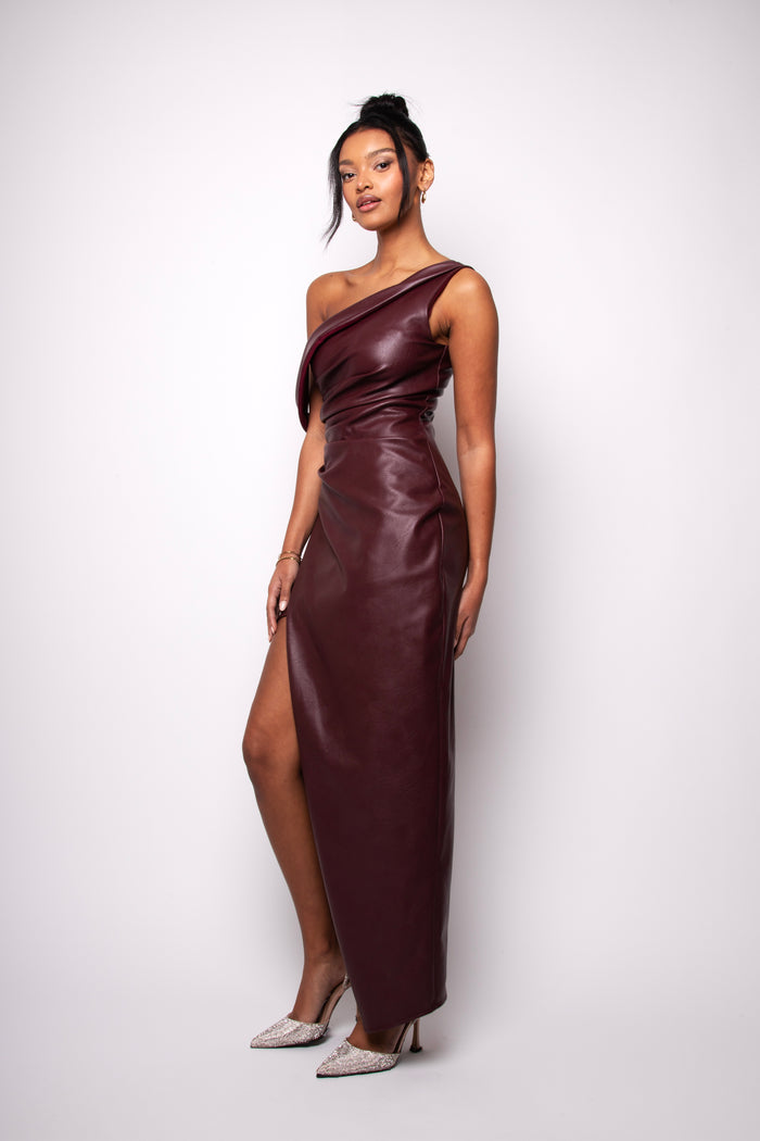 Jaded Rose Nessa Burgundy Faux Leather One Shoulder Draped Maxi Dress