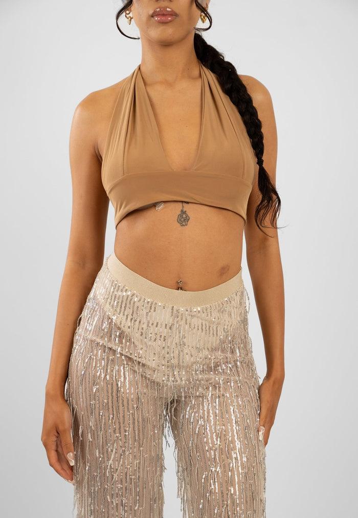 Jaded Rose Nila Nude Silver Tassle Sequin Mesh Pants