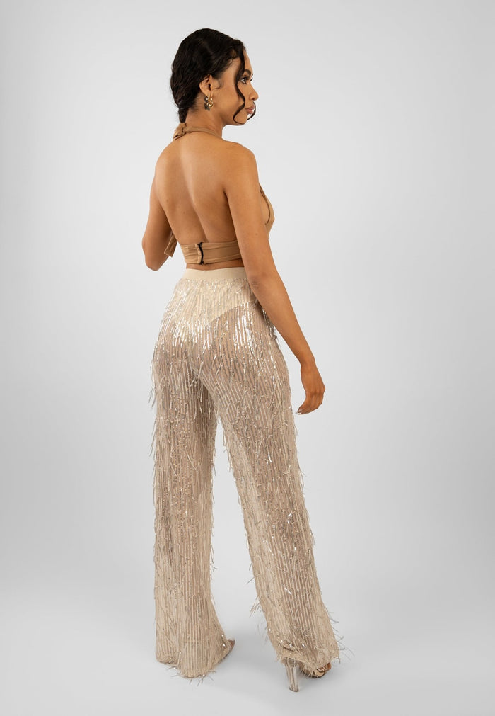 Jaded Rose Nila Nude Silver Tassle Sequin Mesh Pants