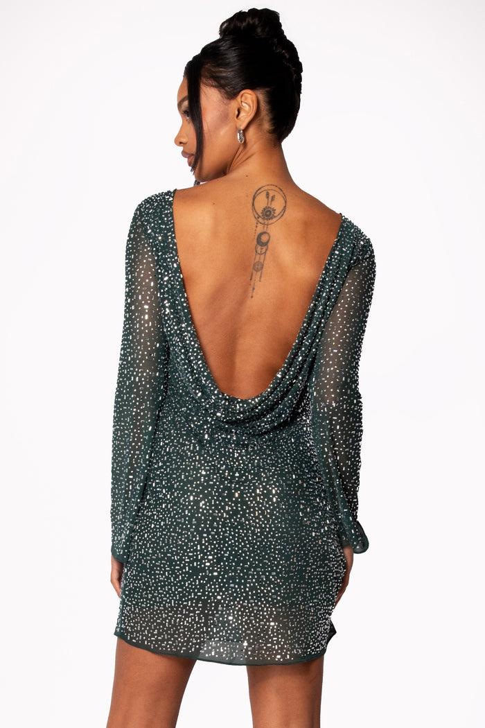 Jaded Rose Paris Flared Sleeve Cowl Back Jewel Mini Dress In Emerald Hotfix