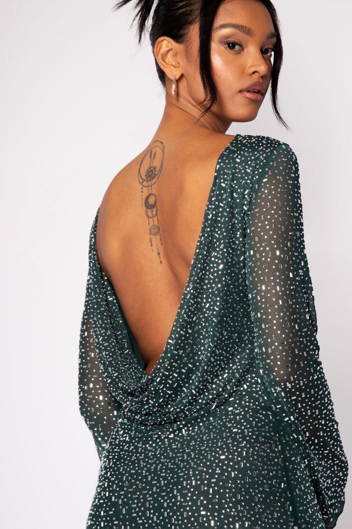 Jaded Rose Paris Flared Sleeve Cowl Back Jewel Mini Dress In Emerald Hotfix