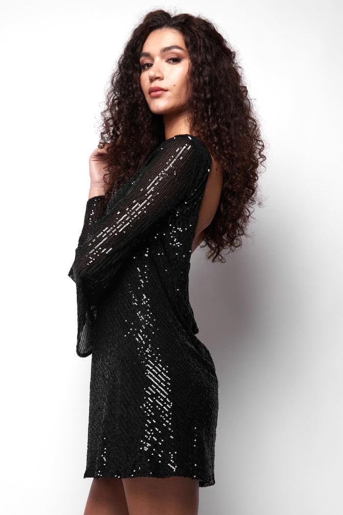 Jaded Rose Paris Flared Sleeve Cowl Back Sequin Mini Dress In Black