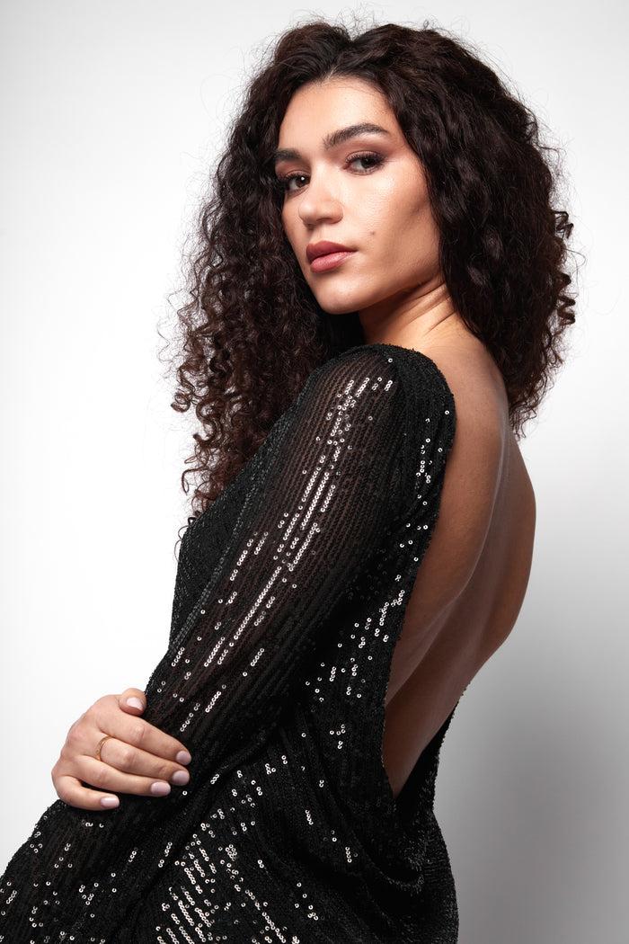 Jaded Rose Paris Flared Sleeve Cowl Back Sequin Mini Dress In Black