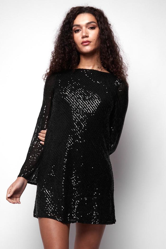 Jaded Rose Paris Flared Sleeve Cowl Back Sequin Mini Dress In Black