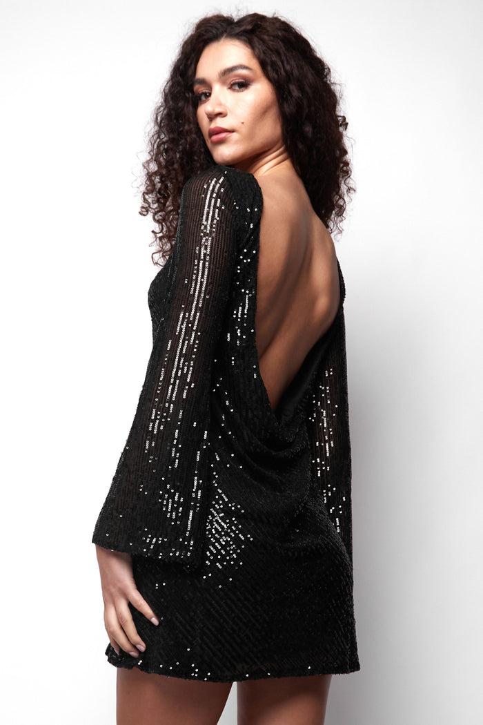 jaded rose Paris Flared Sleeve Cowl Back Sequin Mini Dress in Black