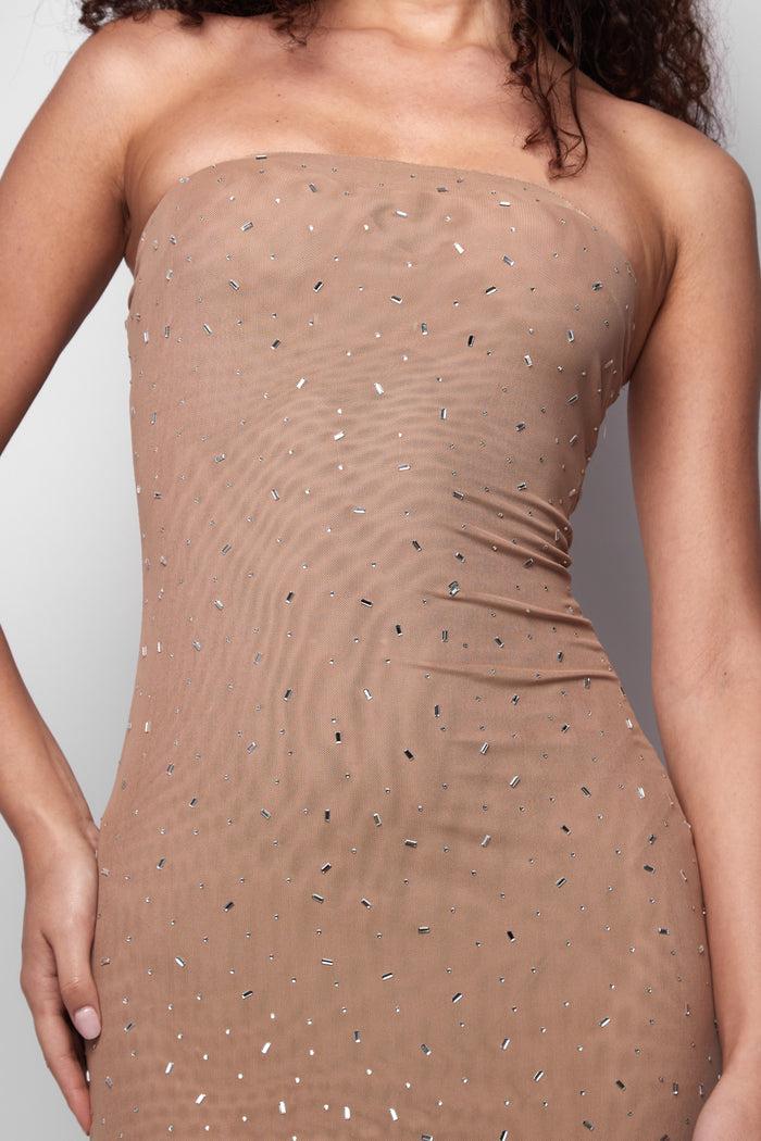 Jaded Rose Riya Bandeau Mesh Maxi Dress In Nude Hotfix