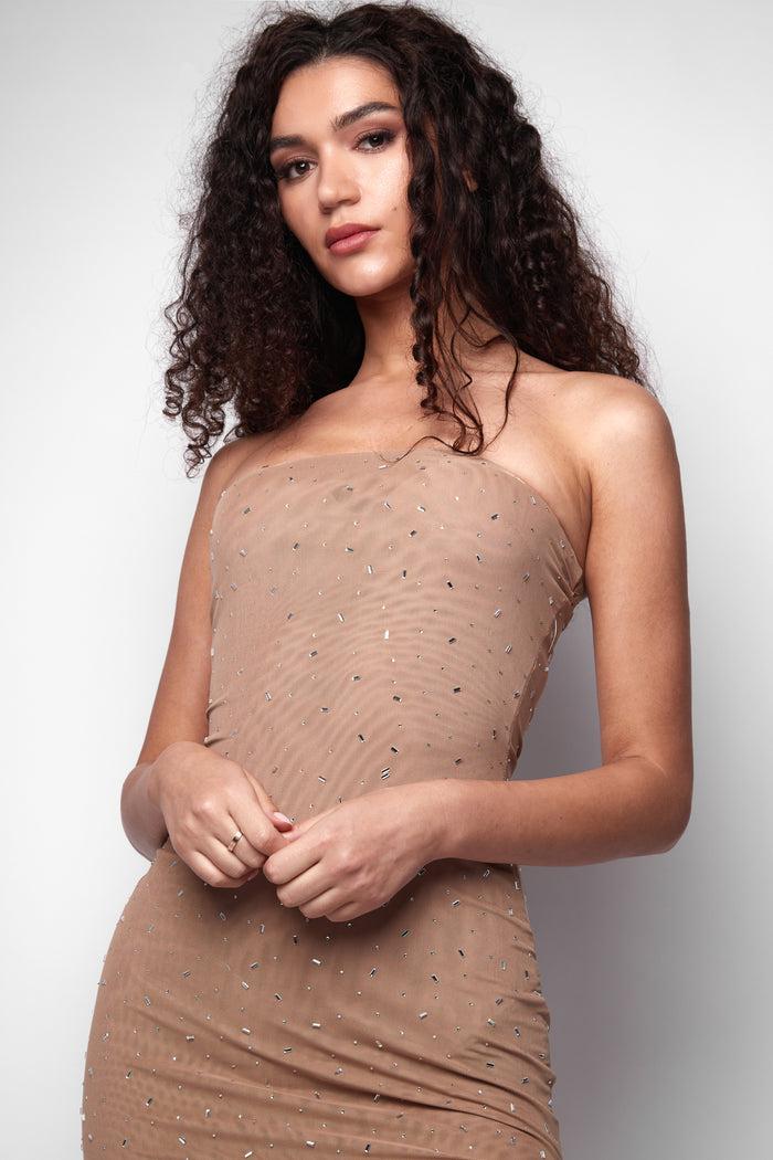 Jaded Rose Riya Bandeau Mesh Maxi Dress In Nude Hotfix