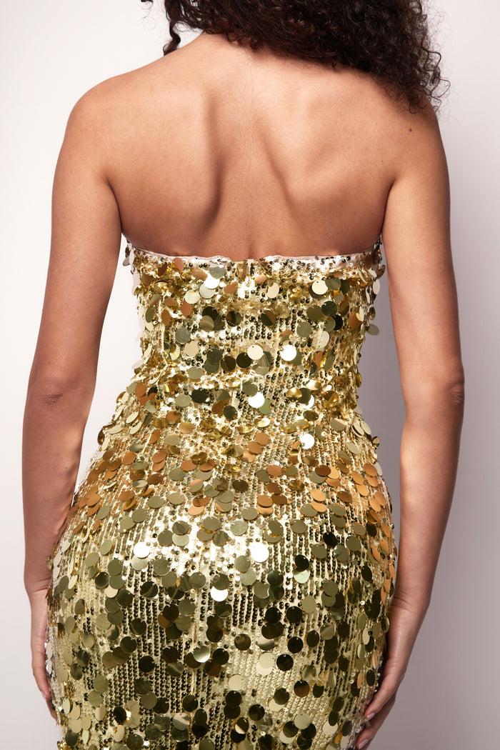 jaded rose Riya Maxi Dress in Gold Disc Sequin Strapless