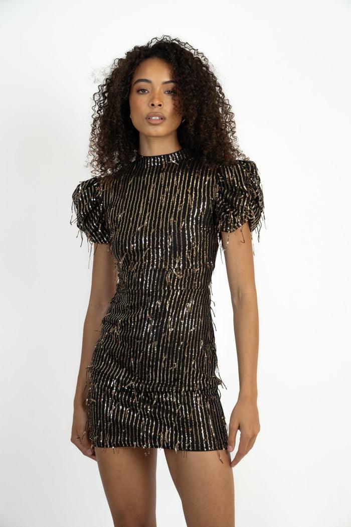 jaded rose Roli String Sequin Mini Dress in Black and Gold