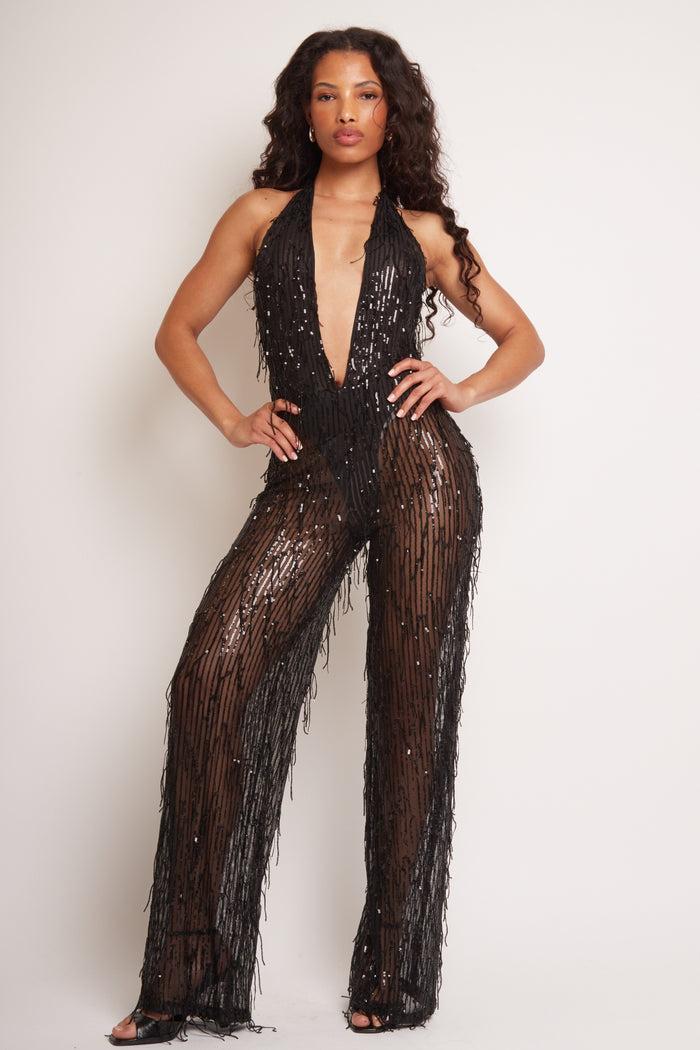 jaded rose Sama Black Tassel Sequin Plunge Jumpsuit